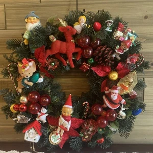 Retro Vintage Artikel Elfe beflockt Maus Weihnachtskranz Urlaub Handarbeit OOAK - Bild 1 von 20