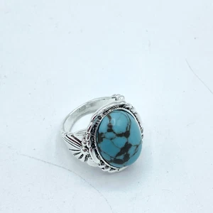 Faux Turquoise Round Southwestern Silver Tone Ring Size 10 - Picture 1 of 5