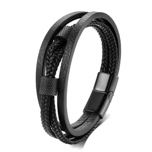 Mens 3 Strand Braided Black Leather Bangle Bracelet, Stainless Steel Black Ch... - Picture 1 of 4
