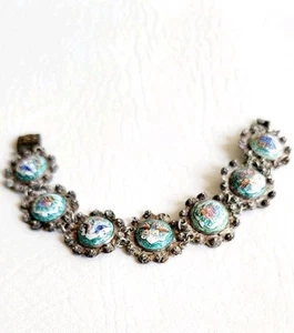 Antique 1930s Persian Sterling Hand Painted Enamel Storybook Panel Bracelet 7" - Picture 1 of 9