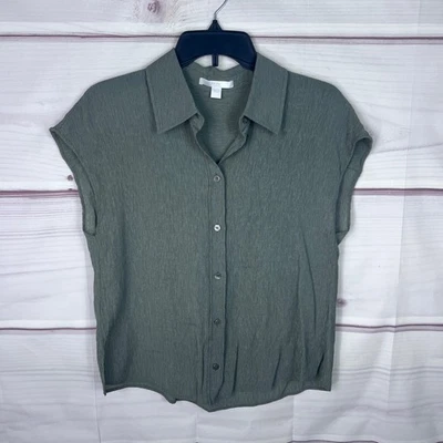 BOSS Hugo Boss Top Womens 0 Green Button Up Shirt Cap Sleeve Textured Collar - Image 1 of 4