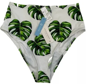 Cupshe Swim Bottoms M High Waist Green Floral Leaves Tropical Hawaiian Beach NWT - Picture 1 of 11