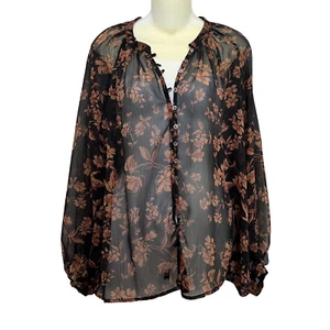 OLIVACEOUS TOP WOMENS SHEER FLORAL BLACK & COPPER SZ S CHIC PARTY FLIRTY - Picture 1 of 6