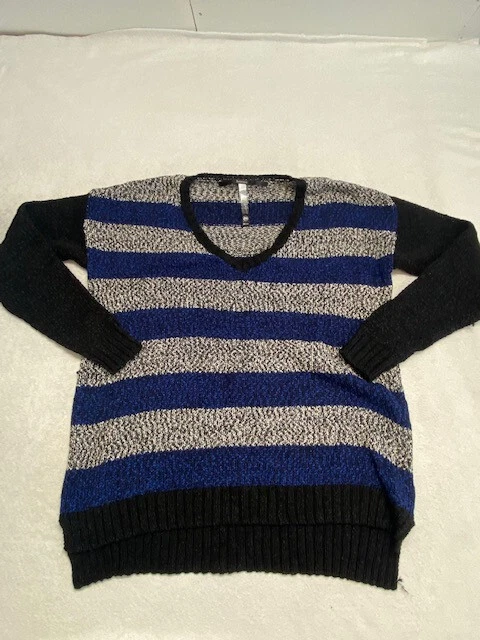 Suéter tejido Kensie para mujer azul, gris, negro a rayas cuello en V manga larga suéter M Foto 1 de 4