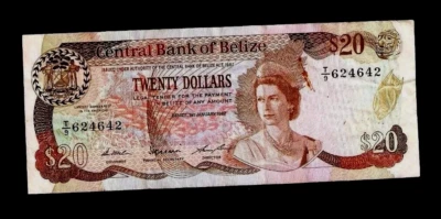 Belize 20 DOLLARS P-49 1987 Queen Elizabeth ♛ Fish Stork World Currency BANKNOTE - Image 1 of 4