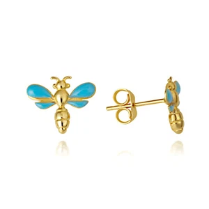 14K Solid Yellow Gold Small Dragonfly Stud Earrings Turquoise Enamel - Picture 1 of 2