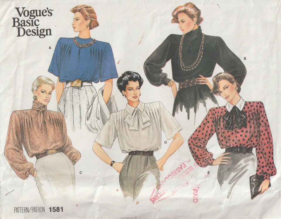 Vogue Basic Design Pattern 1581 c1985, Misses Gorgeous Blouses, Size 12, FF - Image 1 of 2