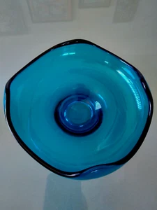 VINTAGE TEAL BLUE GLASS FOOTED CANDY DISH BOWL * MID CENTURY MODERN - Picture 1 of 6