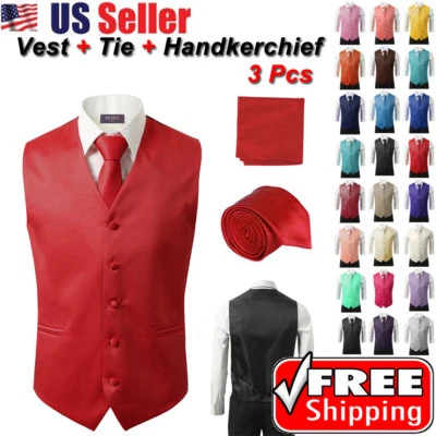 SET Vest Tie Hankie Fashion Men's Formal Dress Suit Slim Tuxedo Waistcoat Coat - Image 1 of 2