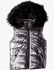 New Girl's Urban Republic Puffer Vest Metallic Gunmetal Black Fur Collar Sz 5/6 - Picture 1 of 2