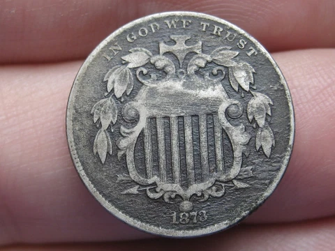 1873 Shield Nickel 5 Cent Piece- Open 3, Dark/Black, VF/XF Details Cover