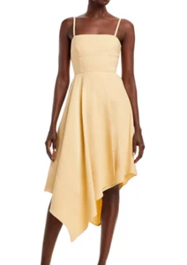 NUEVO SIN ETIQUETAS A.L.C. Vestido midi ajustado y acampanado con dobladillo asimétrico Verona beige para mujer talla 14 - Imagen 1 de 11