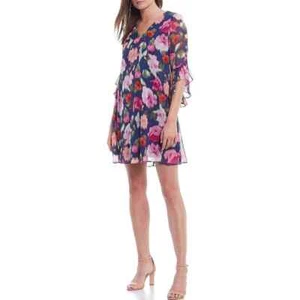 Vestido Calvin Klein Talla 2 Mujer Azul Marino Rosa Floral 3/4 Volantes Manga Campana Gasa - Imagen 1 de 10