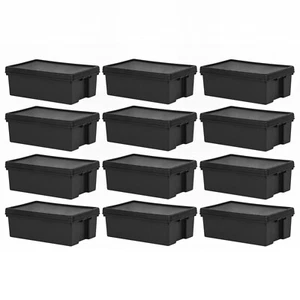 [Set of 12] 36L Heavy Duty Black Storage Box with Lid Recycled Plastic Stackable - Picture 1 of 9