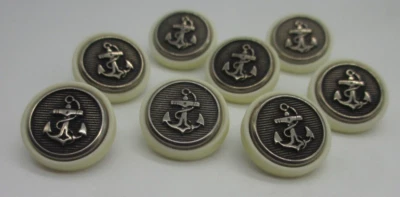 Eight (8) Off White Nautical Anchor Shank Back Metal Buttons 11/16"   (17 mm) - Image 1 of 4