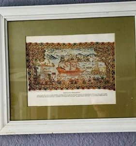 Framed Portuguese Needlepoint Tapestry Art Print | Antique Look Nautical Ship - Picture 1 of 6