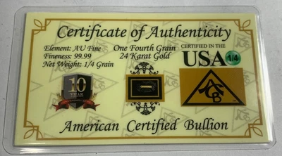 Vintage 24 Kt Gold Ingot! 1/4 Grain! 99.99 FINE GOLD 100% Certified Gold Bullion - Image 1 of 3