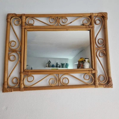 Vintage 70's Cane Bamboo Rectangular Wall Mirror Boho Retro Mid Century - Image 1 of 4