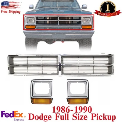 Rejilla cromada + biseles de faros izquierda y derecha para camioneta Dodge 1986-1990 tamaño completo Foto 1 de 4