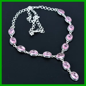 Daughters Day Deal Oval Pink Kunzite Stone Sterling Silver Bezel Chain Necklace - Picture 1 of 11