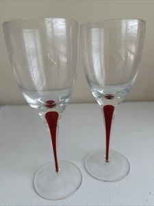 Orrefors INTERMEZZO SET of 2 Wine Glasses Red Teardrop In Stem Mouth Blown Vtg - Picture 1 of 7