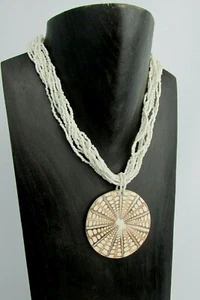 Hand Crafted Bali Shell Inlay Disc Necklace with Seed Beads Ball Closure Beige - Picture 1 of 10