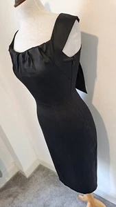 KAREN MILLEN - Black Duchess Satin Knee Length Pencil Dress w/ Bow - Size 10 - Picture 1 of 15