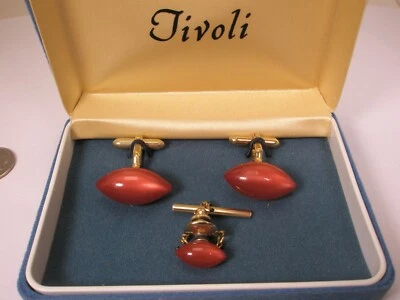 Red Football Shape Vintage SWANK Cuff Links & Tie Tack set in box - Image 1 of 4