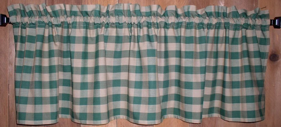 Cortinas country rudimentares verde e bronzeado xadrez de búfalo caseiro valances camadas  - Imagem 1 de 4