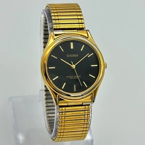 Men's SEKONDA Gold Tone Classic Dress/Casual Watch, Black Dial, Flex Band, 35mm - Picture 1 of 7