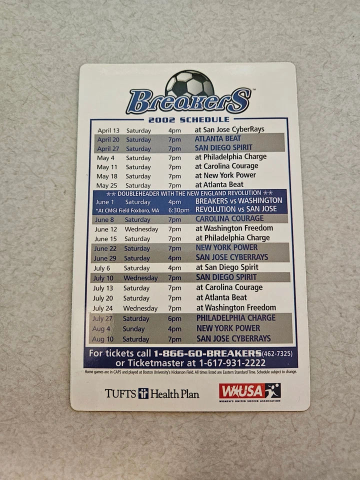 RS20 Boston Breakers 2002 WUSA Women's Soccer Magnet Schedule - Tufts Health — 第 1/1 张图片