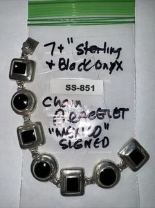 PLATA ESTERLINA 7" Pulsera de Eslabones de Cadena con Piedras de Ónix Pulido y Desgaste SS-851 - Imagen 1 de 11