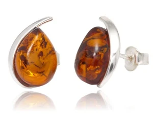 NATURAL BALTIC AMBER Jewellery STERLING SILVER 925 Cognac Earrings Stud Oval - Picture 1 of 8