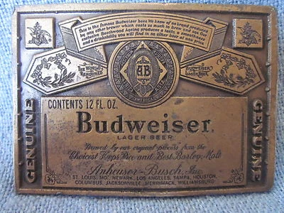 BUDWEISER CERVEZA Hebilla de Cinturón Lewis Hebillas Chicago EE. UU. 1970 LATÓN PESADO ~ NUEVO Foto 1 de 4