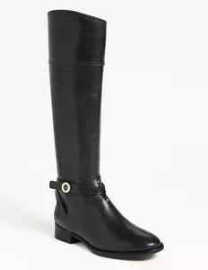 NIB TORY BURCH Brita Black Leather Gold Logo Tall Knee High Riding Boots Size 6 - Picture 1 of 12