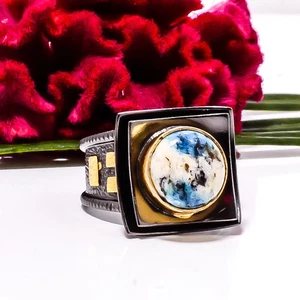 K2 Blue Azurite - Pakistan Black & Gold Plated 925 Sterling Silver Ring s.7 Su51 - Picture 1 of 2