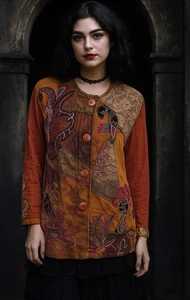 Vtg Whimsigoth Embroidered Lace Patchwork Jacket Floral Paisley Pocket Earthtone - Picture 1 of 10