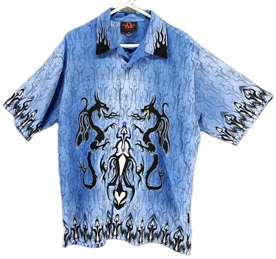 Dragonfly Clothing Dragons Shirt Mens XL Blue Black All Over Print Button Up - Image 1 of 4