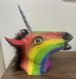 Rainbow Unicorn Head Mask Full Head Coverage Latex Halloween Costume - Picture 1 of 8