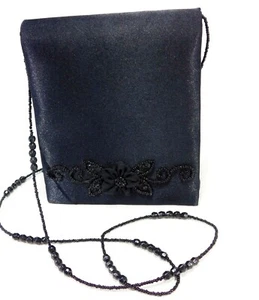 Jessica McClintock Black Satin Floral Beaded Strap Evening Cocktail Small Bag - Picture 1 of 7