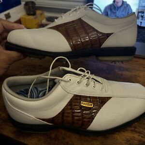 Size 9 M - Footjoy Dryjoys Tour Mens Golf Shoes White Brown Croc Leather