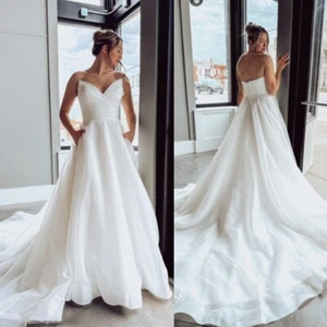 Strapless Wedding Dresses with Pockets Sleeveless Backless Ruching Bridal Gowns - Picture 1 of 9