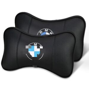 2PCS Car Seat Headrest Soft Neck Cushion Pillows Black Real Leather For BMW
