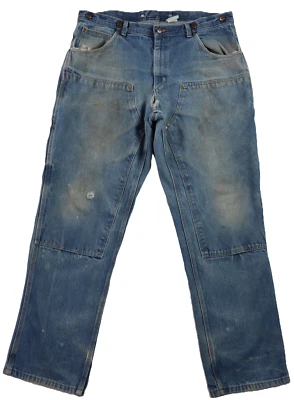 KEY US Men’s 40 x 34 Blue Denim Double Knee Logger Dungaree Jeans DISTRESSED - Image 1 of 4