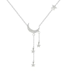 925 Sterling silver CZ Crescent Moon Tassel Star Choker Necklace Chain Gift PE57 - Picture 1 of 5