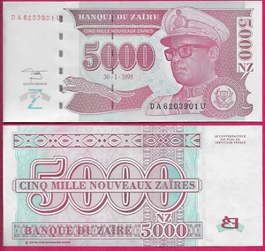 ZAIRE 5000 NOUVEAUX ZAIRES 1995 UNC DA-U,MOBUTU IN MILITARY UNIFORM DRESS AT RIG - Picture 1 of 1