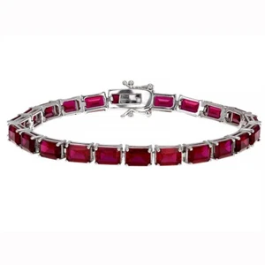 25.91 Ctw Emerald Cut Lab Created Ruby 14K White Gold Plated Tennis Bracelets - Picture 1 of 6