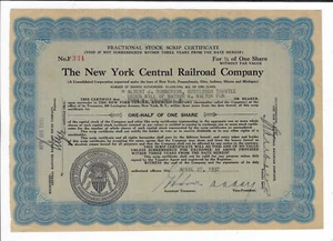 NEW YORK 1937 The New York Central Railroad Company Stock Certificate - Imagen 1 de 2