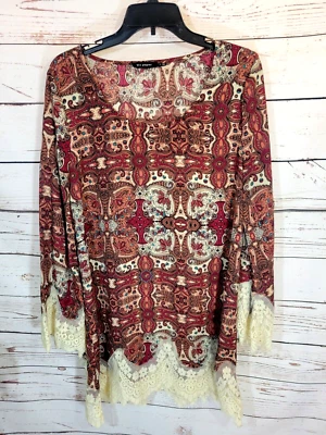 Blu Pepper Tunic Top Women's Burgundy Paisley Print Lace Trim Sleeve Size Large - Photo 1/4