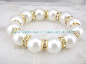 8/10/12 mm Weiße Muschel Perle Gold Kristall Strass Perlen Stretch Armband 7,5 Zoll - Bild 1 von 15
